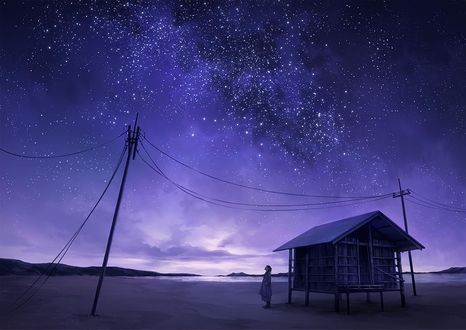 Фото Девочка стоит у домика под ночным небом, by DjamilaKnopf
