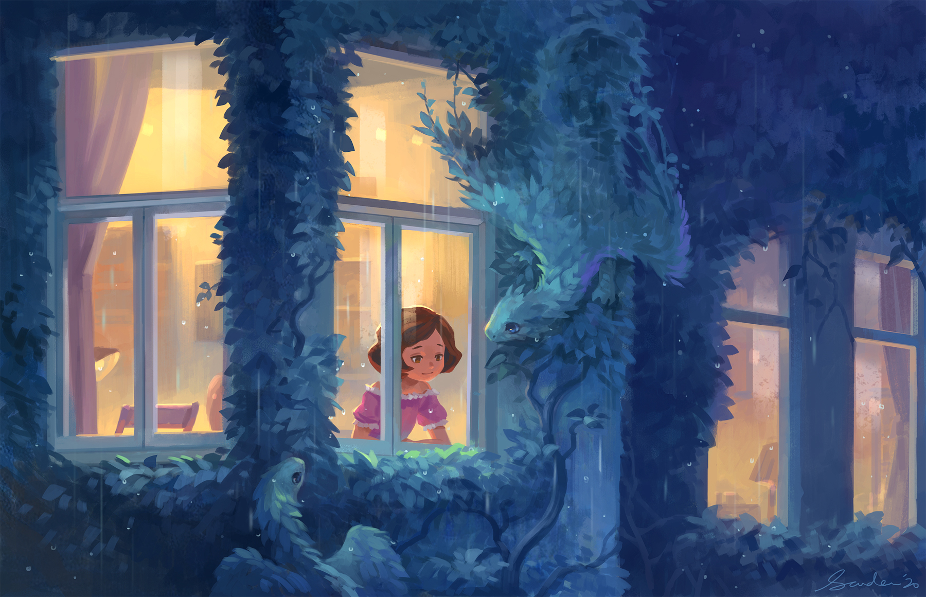 Фото Девочка за окном, заросшим плющом в виде каких-то фантазийных существ, by sandara