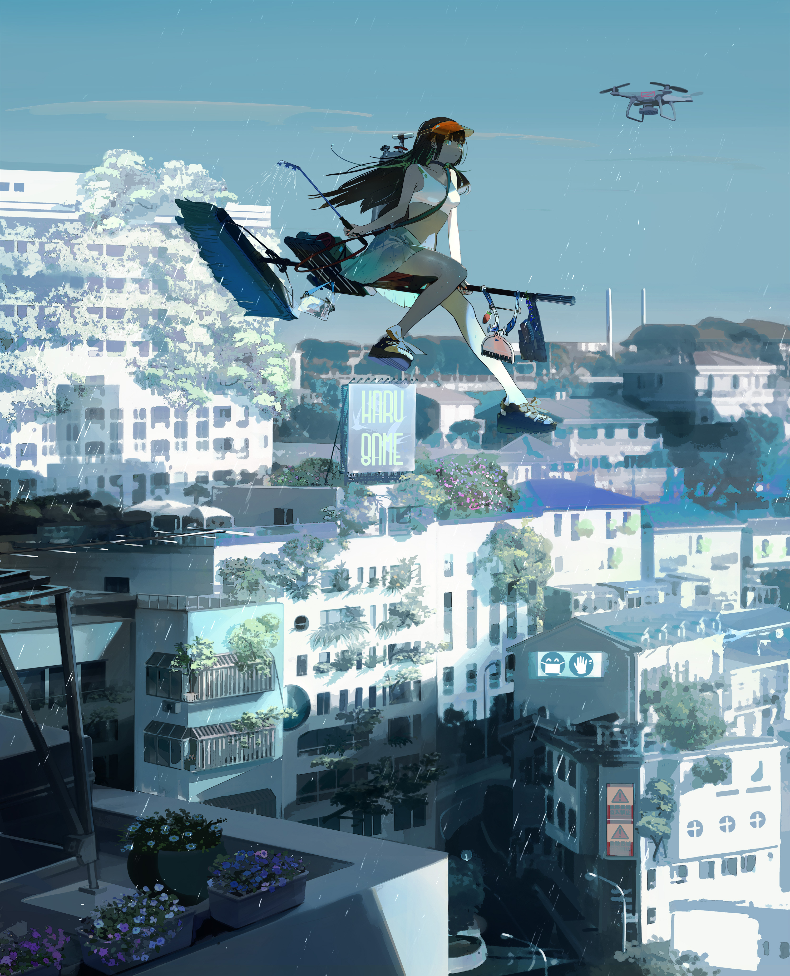 Фото Девочка летит над городом на современной метле