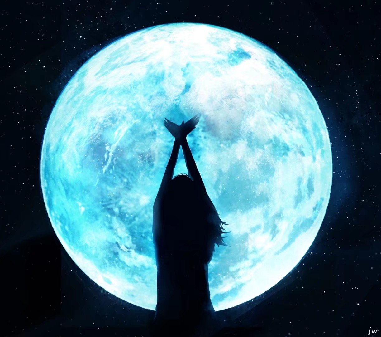 Фото Девушка сложила руки в виде голубя на фоне полной луны, by JW