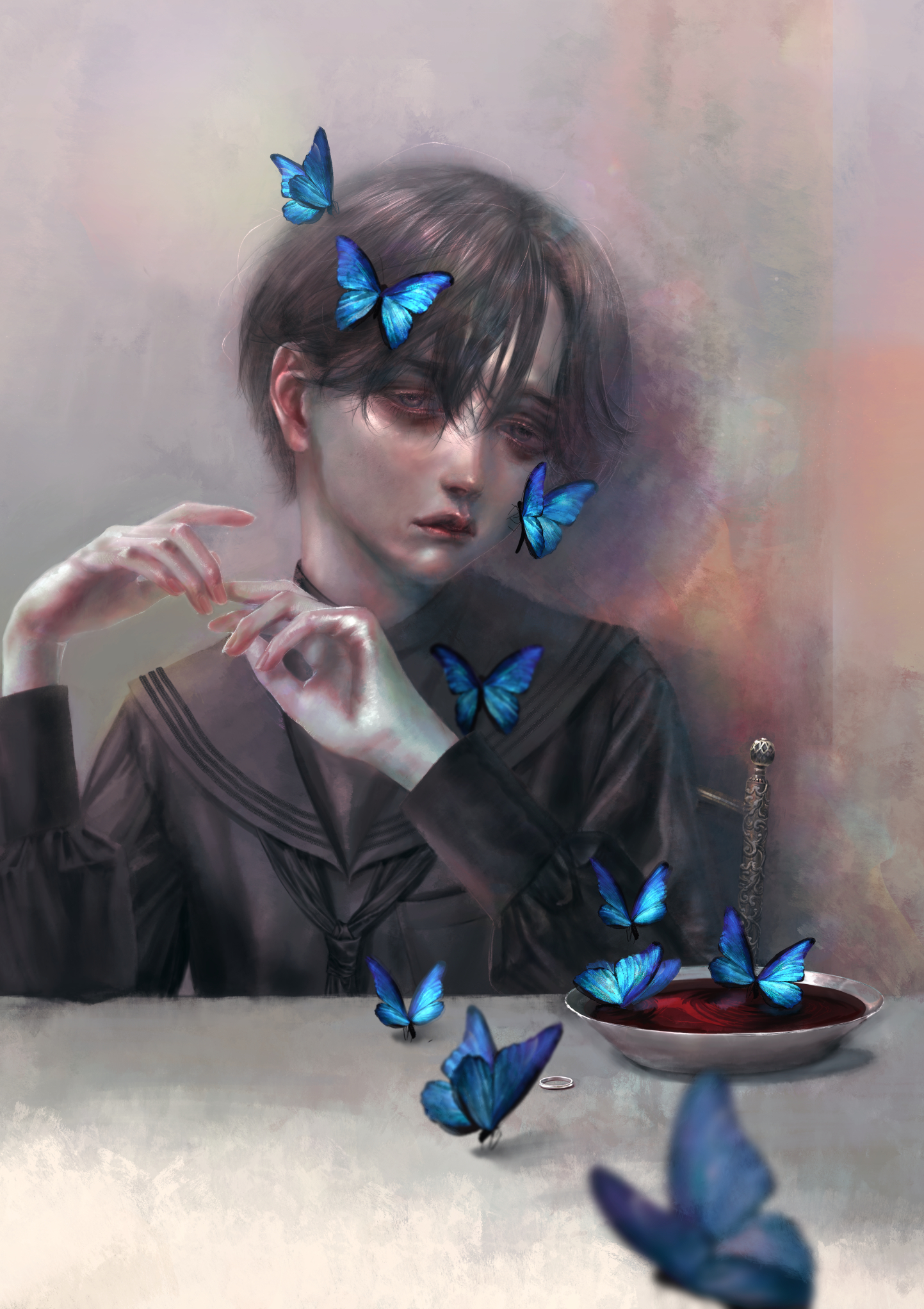 Фото Мальчик с бабочками на волосах сидит за столом, на котором стоит чашка с кровью, by sitry