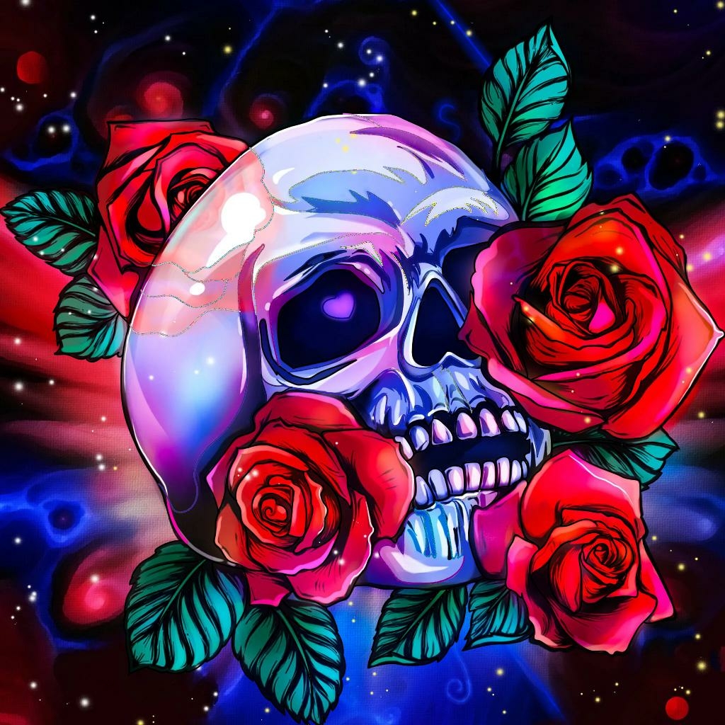 Фото Человеческий череп с красными розами, с сердечком в глазнице, by  catdragon4