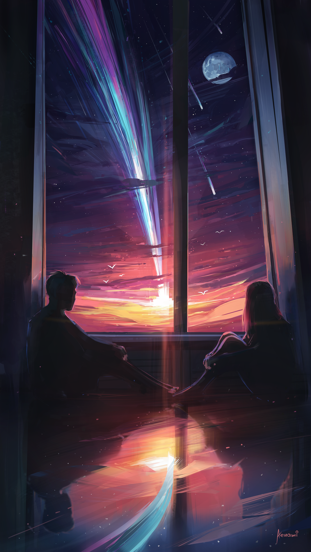 Фото Парень с девушкой сидят у окна, любуясь закатом и падающей кометой, автор Alena Aenami