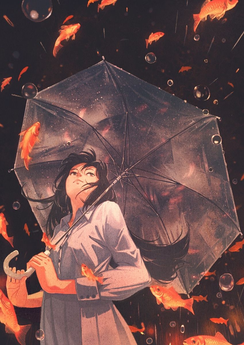 Фото Девушка с зонтом стоит в окружении рыбок