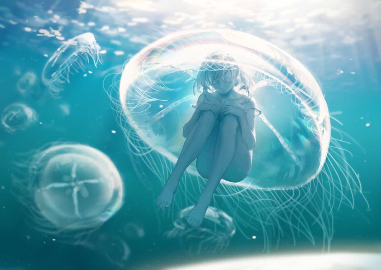 Фото Девочка в медузе под водой