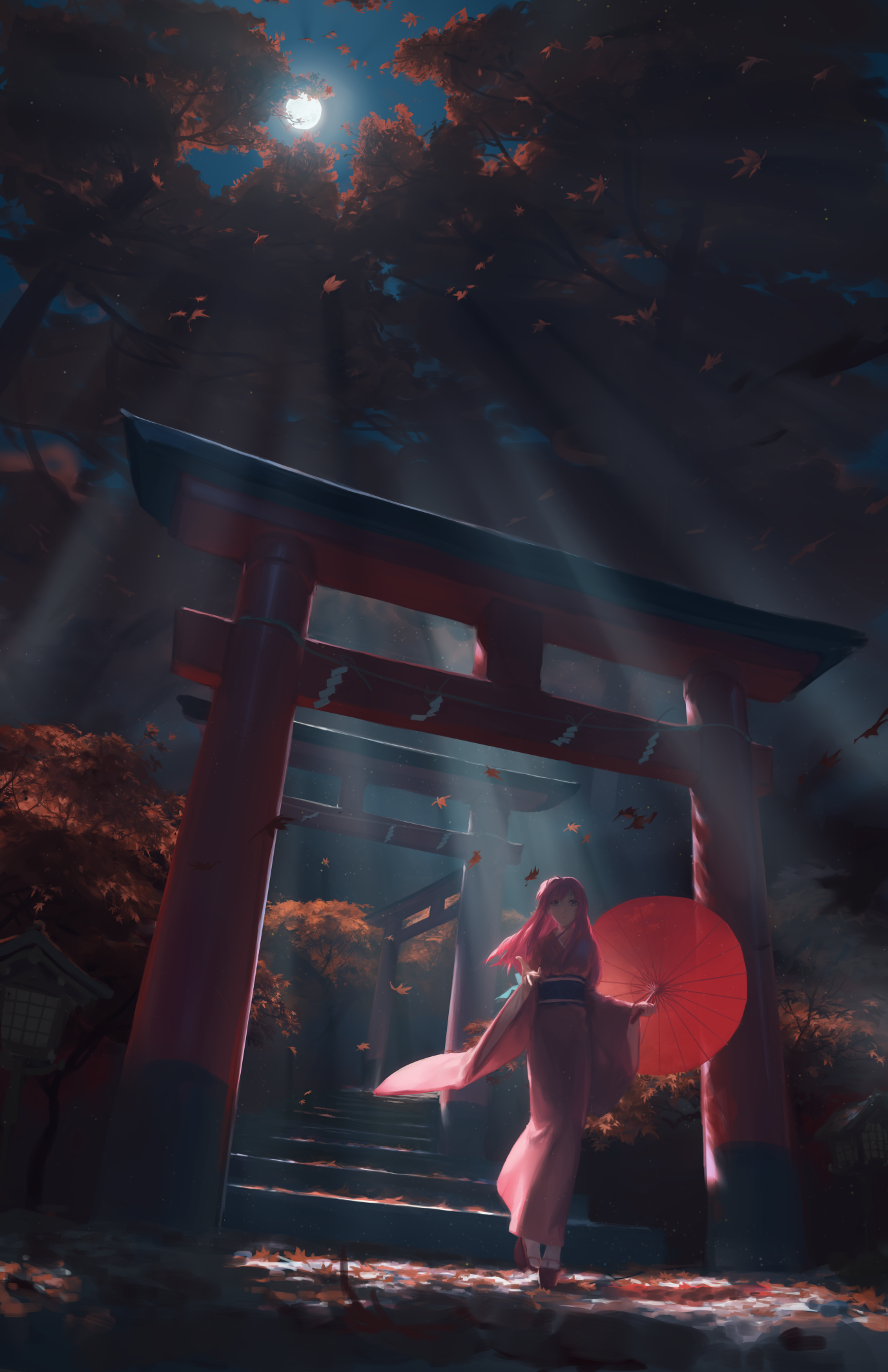 Фото Vocaloid Megurine Luka / вокалоид Мегурине Лука с красным зонтом стоит у воротТории