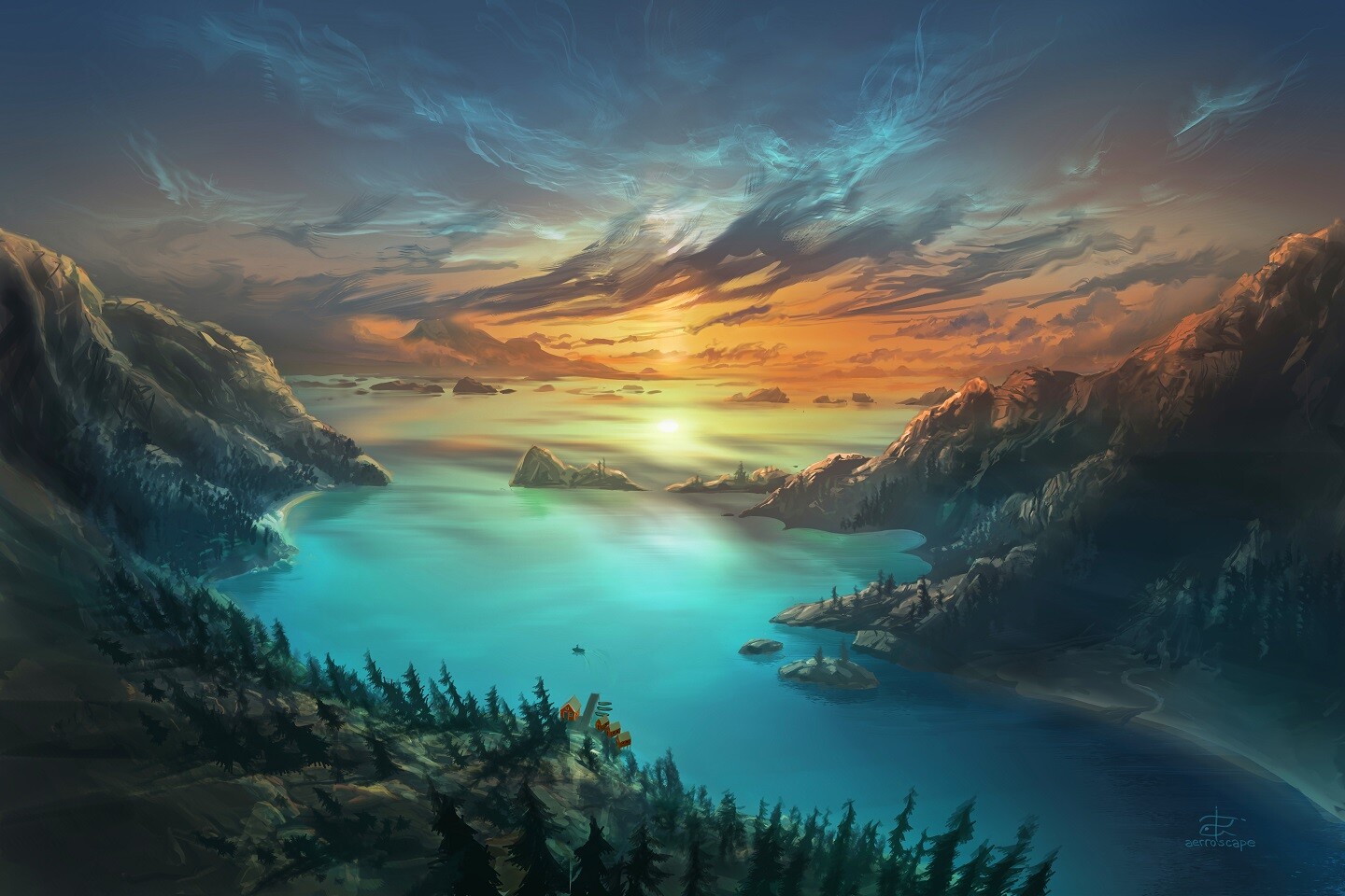 Фото Солнце освещает голубое озеро в окружении скал, Норвегия, by Alex Rommel