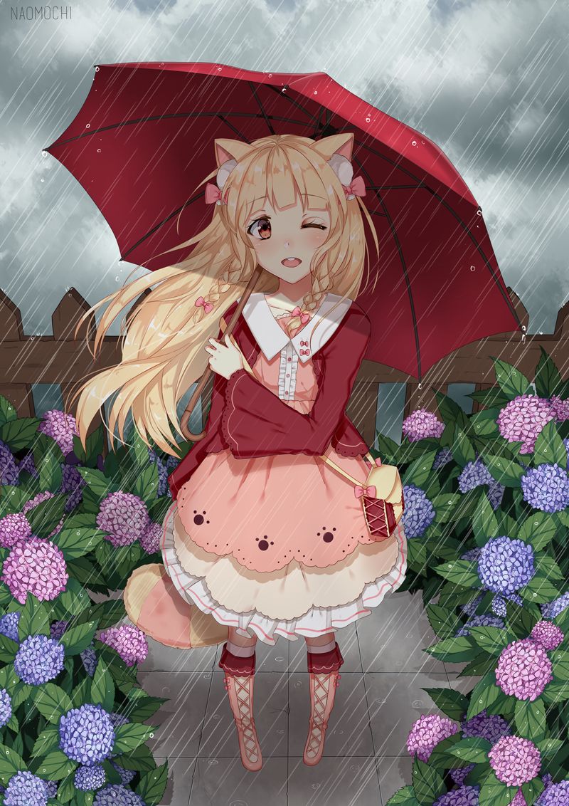 Фото Светловолосая девушка с кошачьими ушками под красным зонтом, под дождем, by naomochi