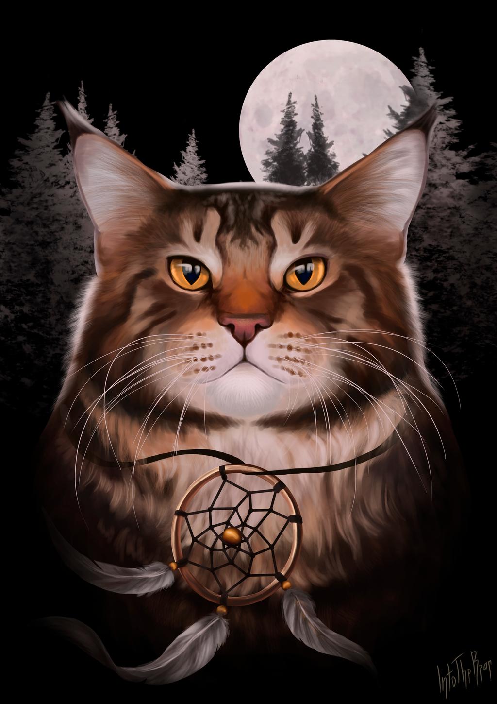 Фото Кот с янтарными глазами с ловцом снов на фоне полной луны, by IntoTheBear