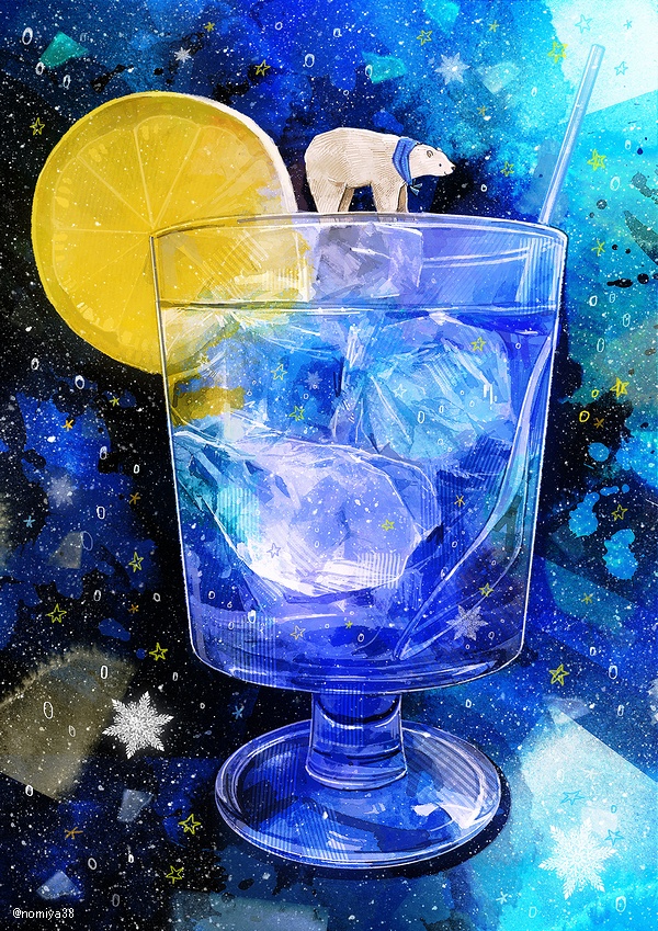 Фото Белый мишка стоит на кусочке льда в стакане с лимонадом, by @nomiay88