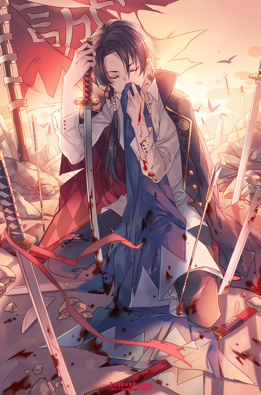 Фото Kashuu Kiyomitsu / Кашуу Киемицу стоит на коленях в крови на поле боя  из игры Touken Ranbu / Танец мечей, by Instockee