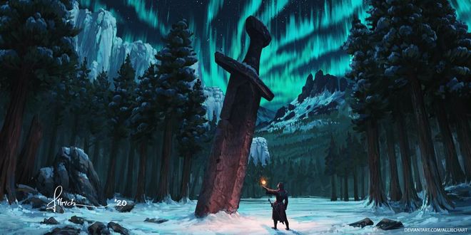 Фото Викинг стоит у огромного меча, аниме Sword Art Online / Мастера меча онлайн, by AllrichArt