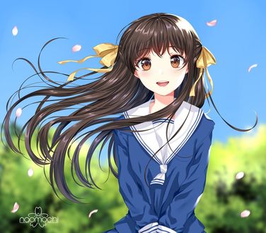 Фото Длинноволосая девушка с лентами на фоне неба, by naomochi