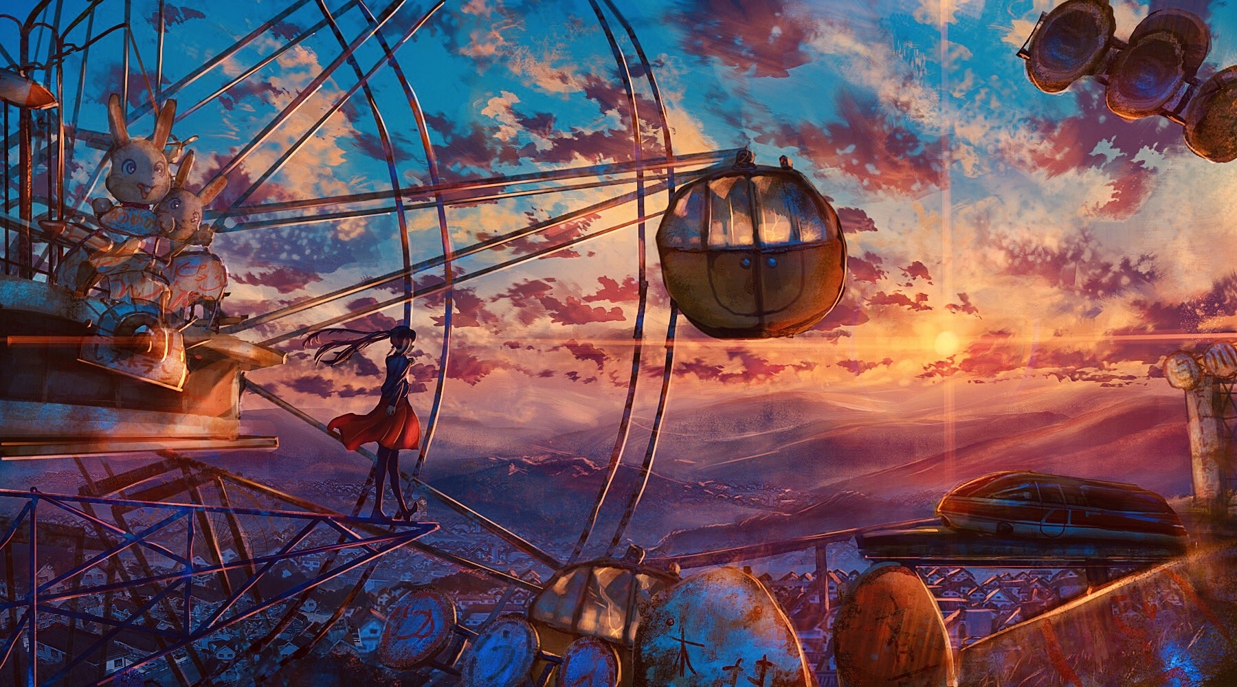 Фото Девушка стоит на чертовом колесе на фоне облачного неба во время заката, автор Nakomo