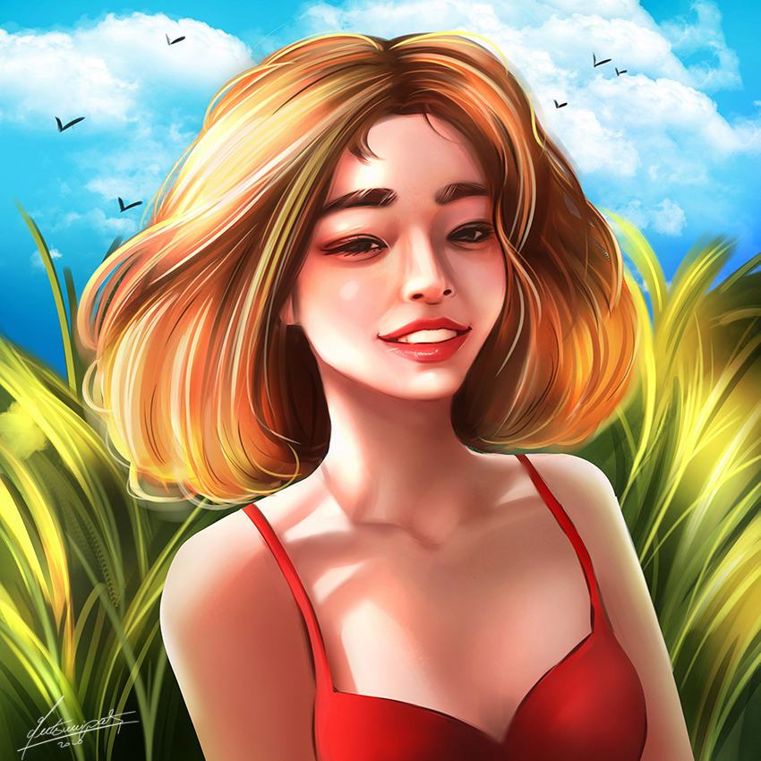 Фото Рыжеволосая улыбающаяся девушка в красном купальнике, в траве на фоне голубого облачного неба с птицами, by mutsumipat