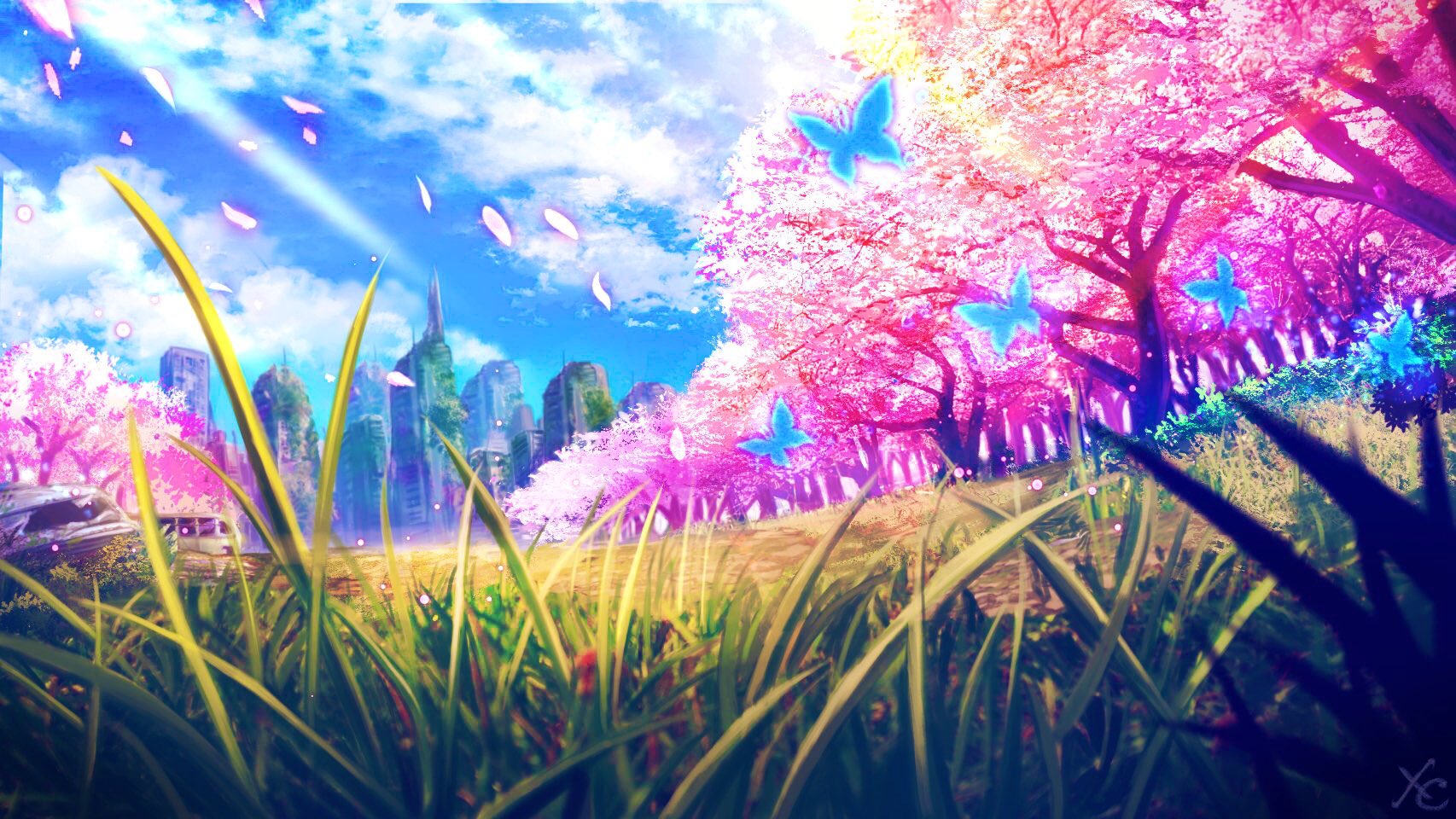 Фото Цветущие весенние деревья под голубым небом