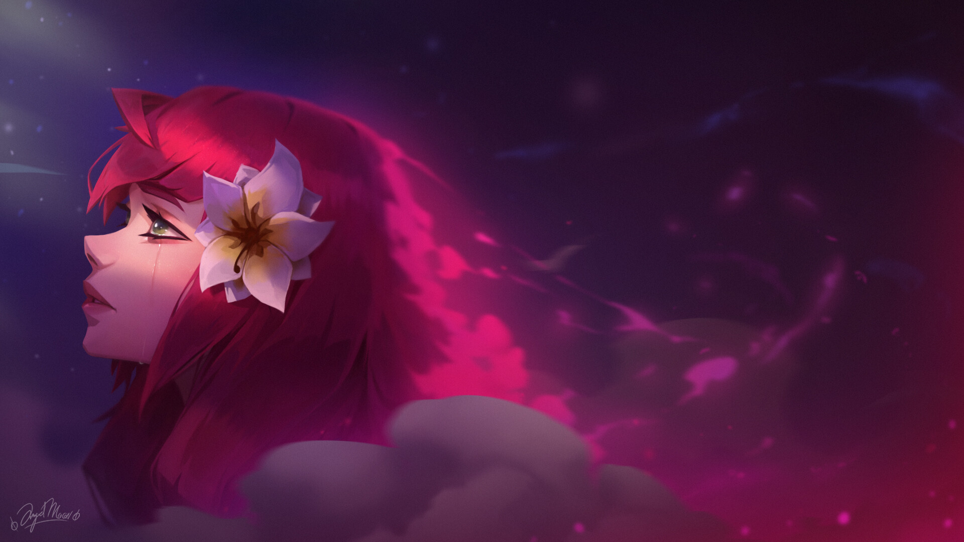 Фото Персонаж Devola / Девола с розовыми волосами и цветком на них из игры NieR: Automata, by Angel Moonlight