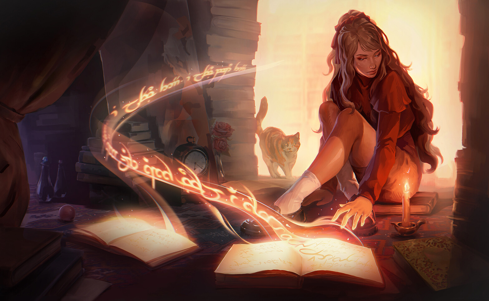 Фото Девушка сидит на полу перед горящей свечой и открытой книгой, и появившимся из нее шлейфом, позади стоит кошка, автор p-ivetto