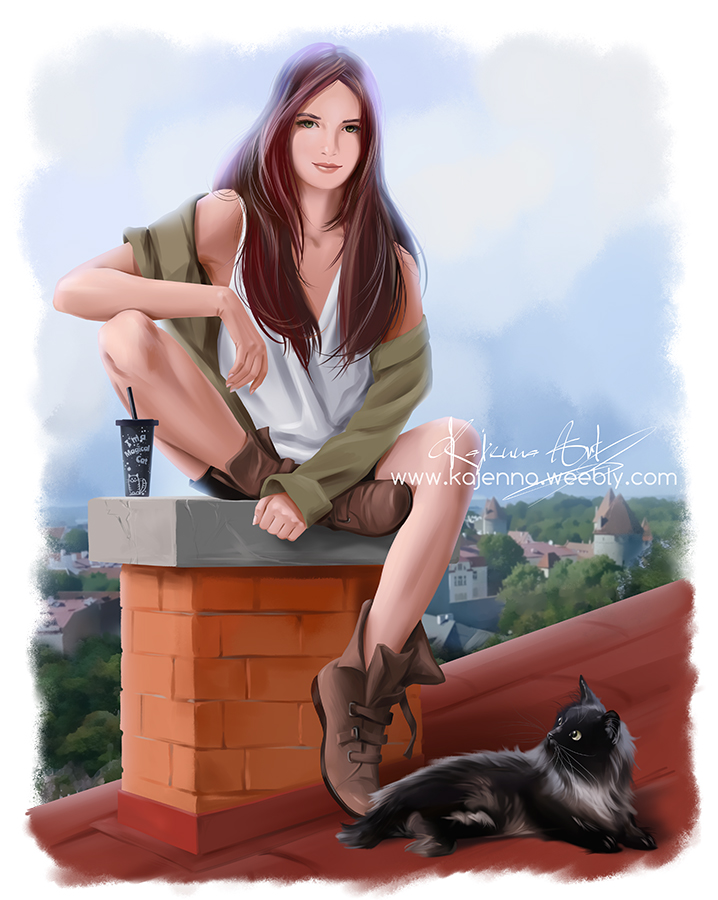 Фото Девушка с кошкой на крыше, by Kajenna