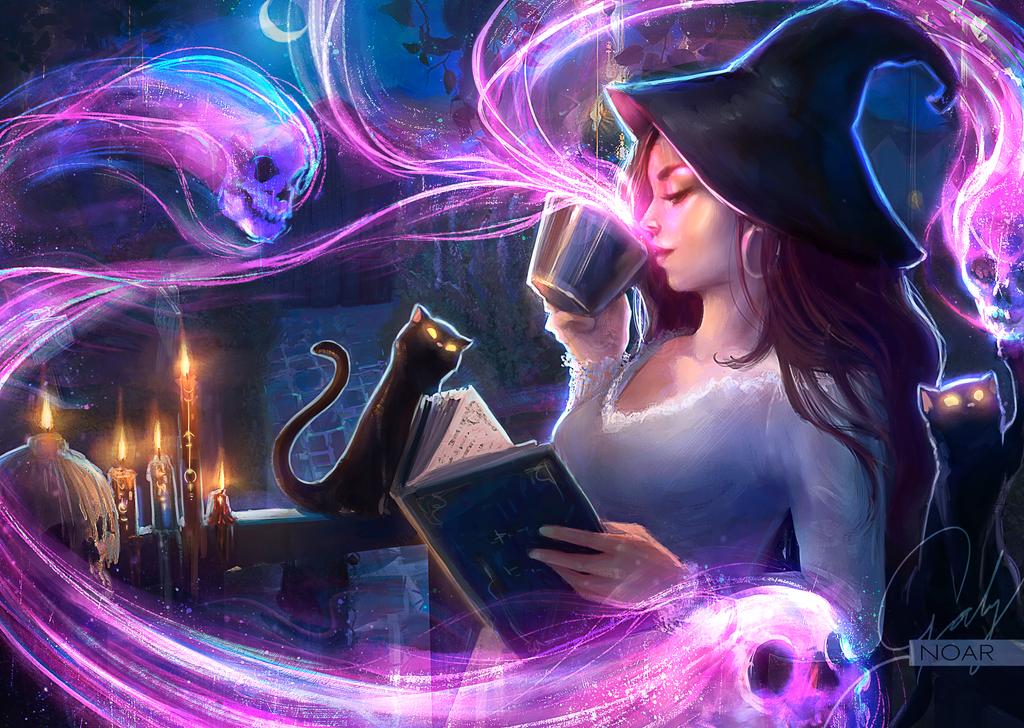 Фото Девушка - волшебница в шляпе с чашкой и книгой в руках сидит в окружении духов, by phoenixnightmare