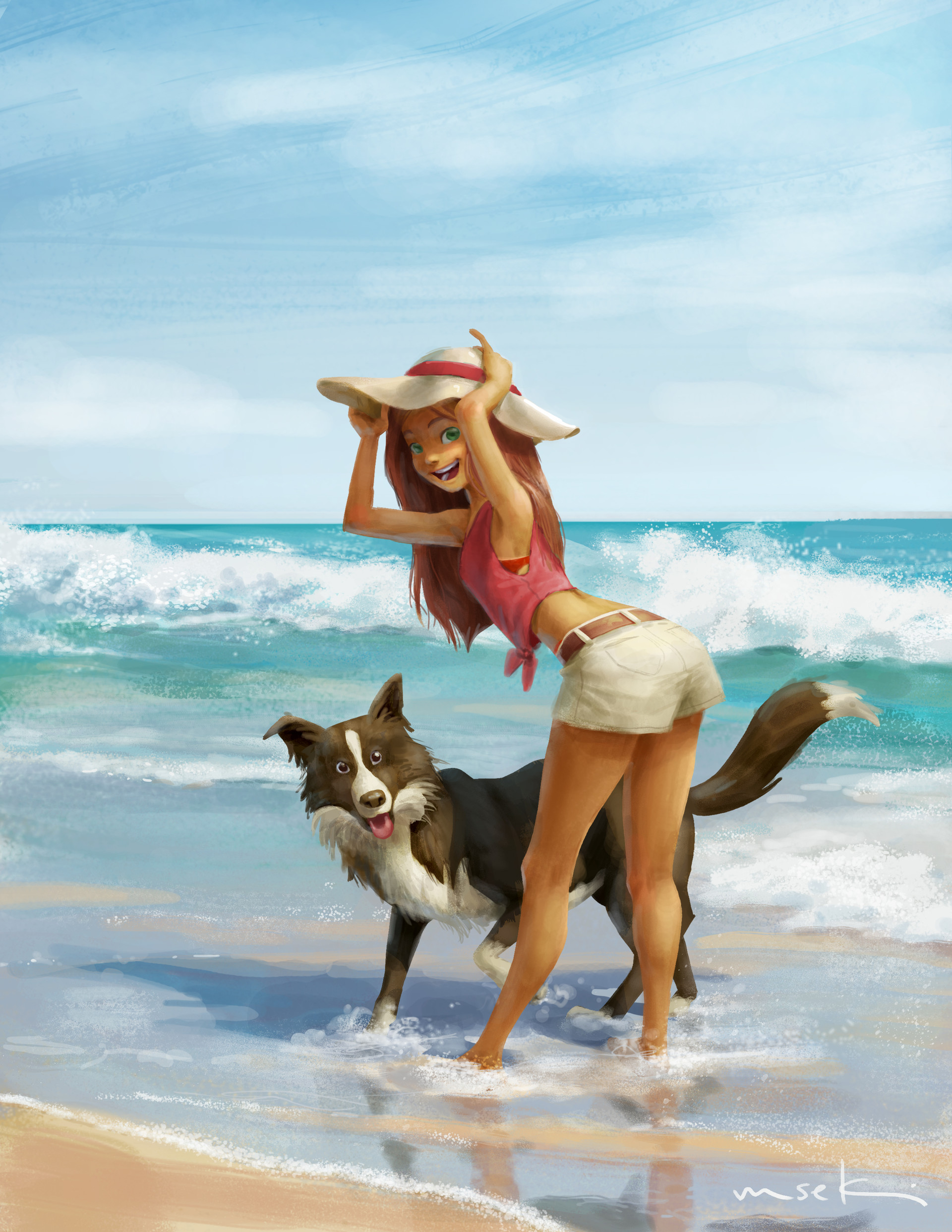 Фото Девушка с собакой на пляже, by Masae Seki