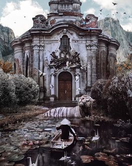 Фото Мужчина в лодке плывет по пруду на встречу белому тигру, by Marcel van Luit