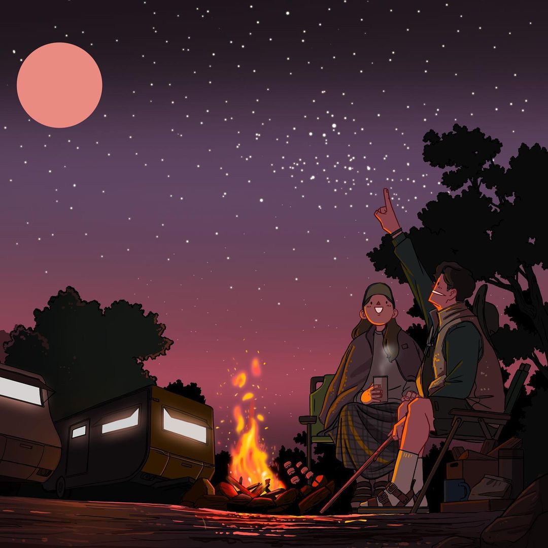Фото Парень с девушкой сидят у костра и парень показывает рукой на звездное небо с луной, by Lee Kyu Young