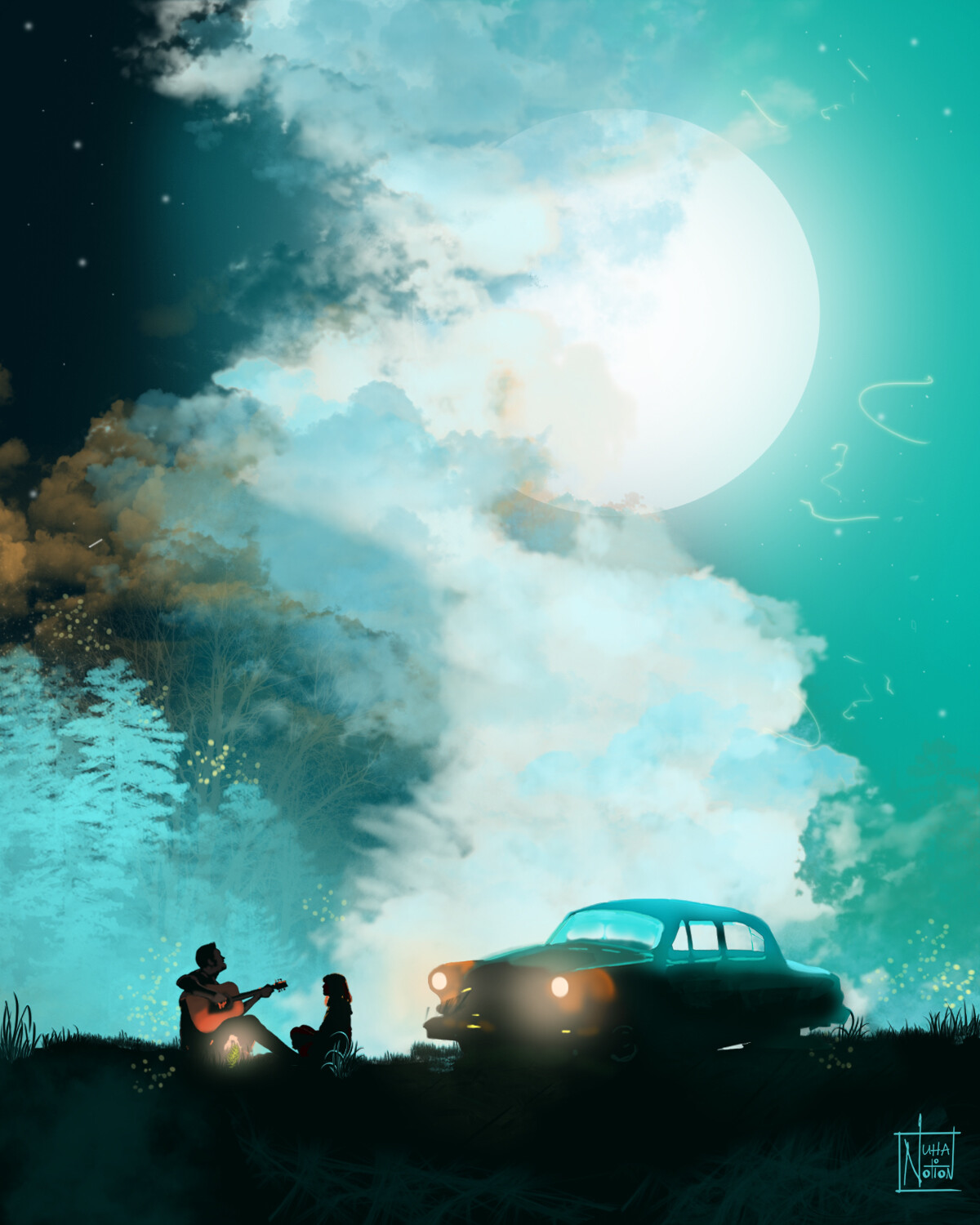 Фото Парень играет на гитаре перед девушкой, оба сидят поодаль от авто под облачным небом с полной луной, by Nuhanotion