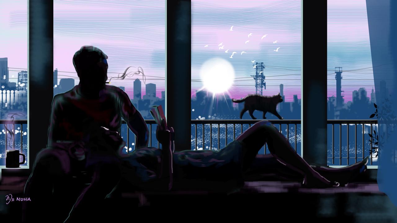 Фото Девушка лежит у ног парня, у окна, за стеклом которого по ограждению идет кошка, by Nuhanotion