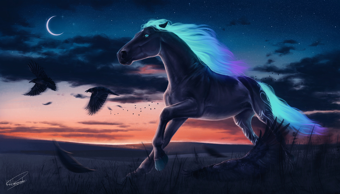 Фото Черный конь с голубой гривой рядом с черными воронами, by lunameyza