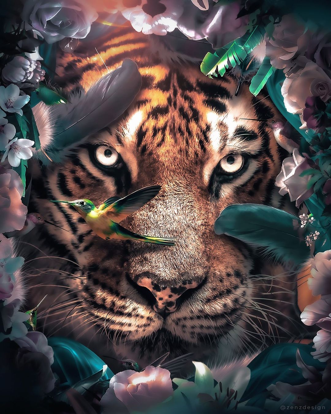 Фото Тигр среди цветов и перьев, by Zenja Gammer