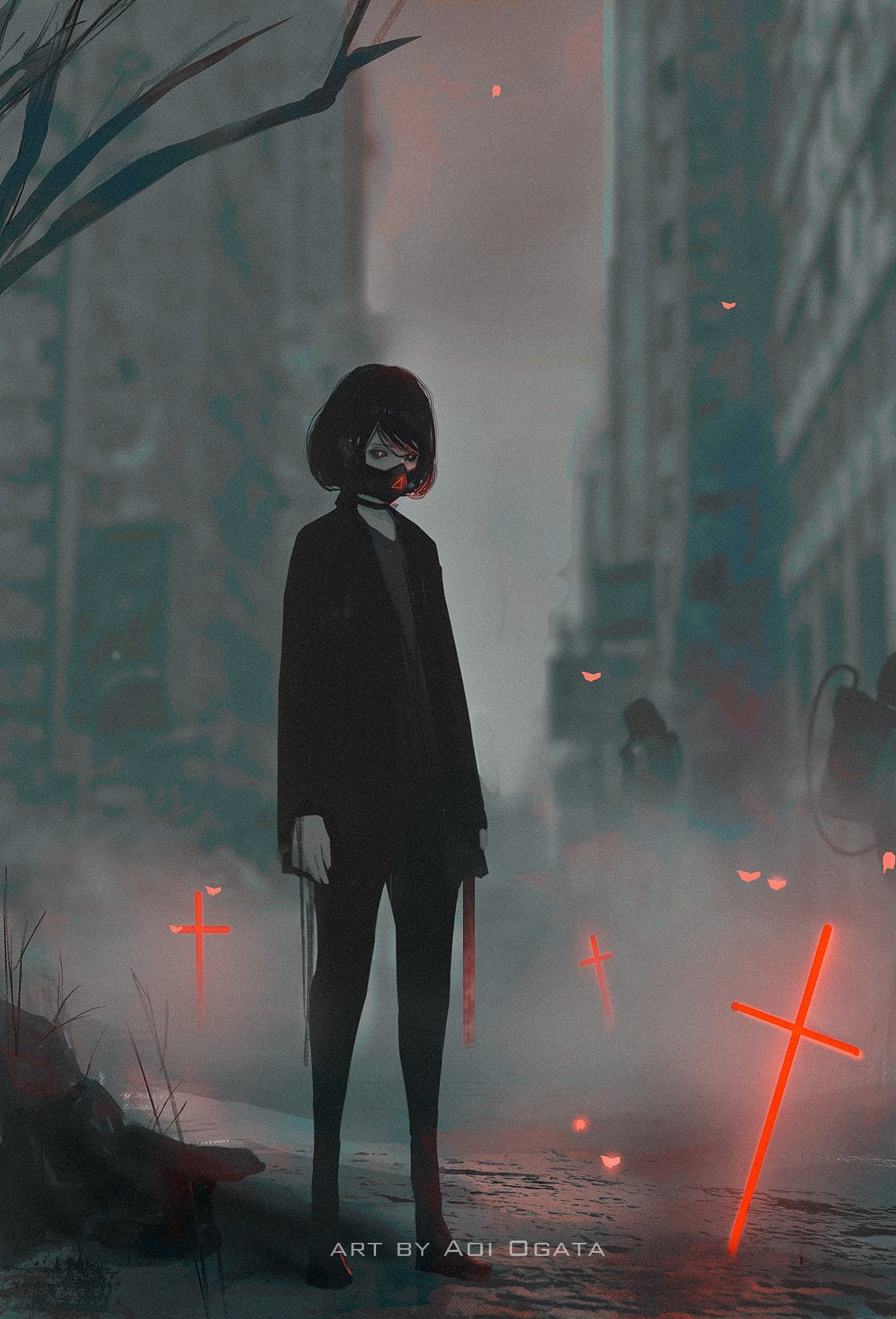 Фото Девушка в респираторе стоит на улице города среди красных крестов, by Aoi Ogata