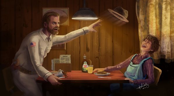 Фото Приемный отец с дочкой Джейн за столом, сериал Eleven and Hopper / Одиннадцать и Хоппер, иллюстратор Giulia Bokel