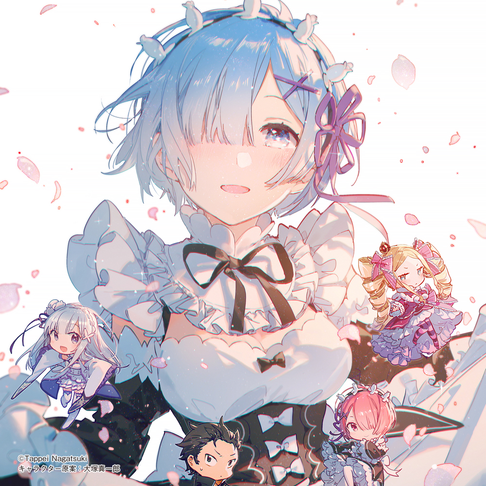 Фото Эмилия / Emilia, Субару Нацуки / Subaru Natsuki, Беатрис / Beatrice,  Рам / Ram и Рем / Rem из аниме Re:Zero. Жизнь с нуля в альтернативном мире  / Re:Zero kara Hajimeru