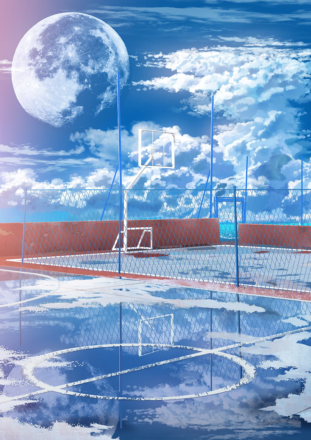 Фото Баскетбольная площадка на крыше, затопленная водой, под облачным небом с планетой, by smile