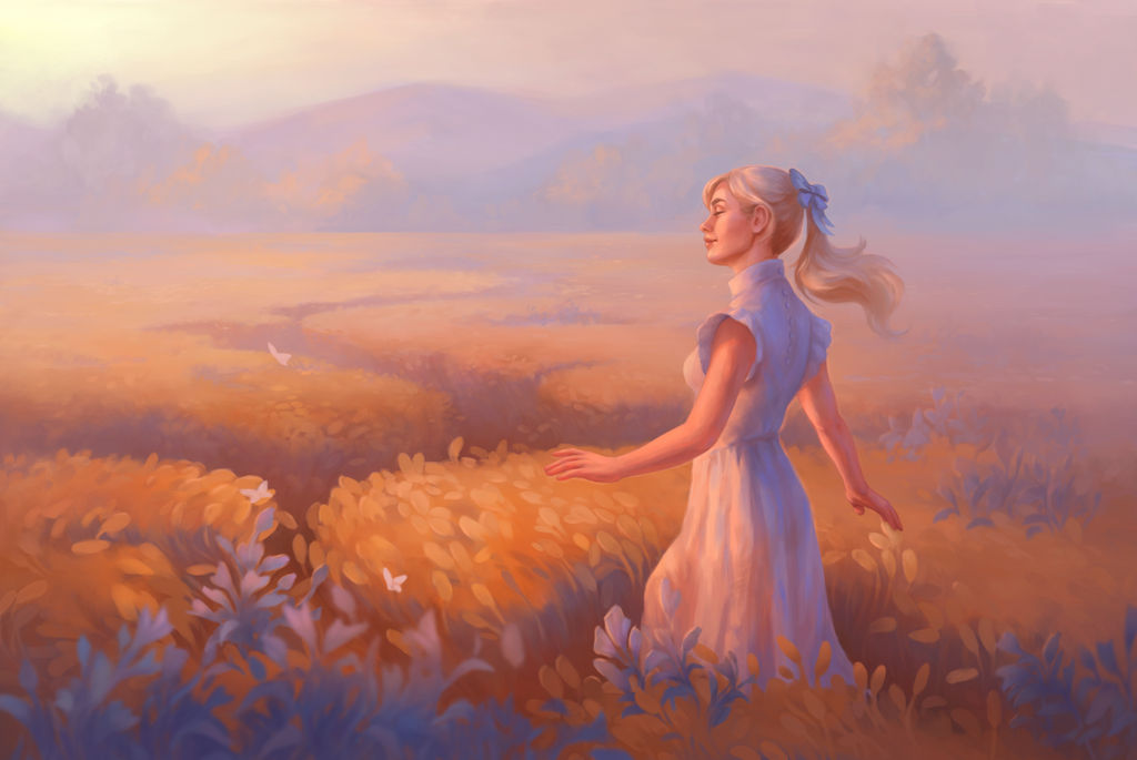 Фото Светловолосая девушка с голубом бантиком, в белом платье стоит в траве, by LKivihall