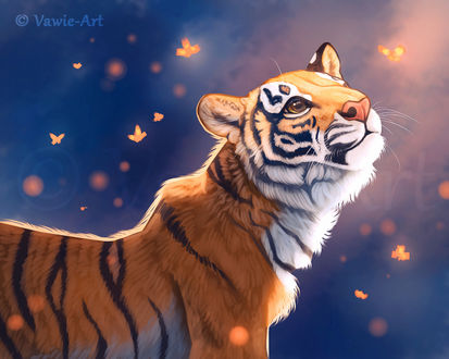 Фото Тигр в окружении золотых бабочек, by Vawie-Art