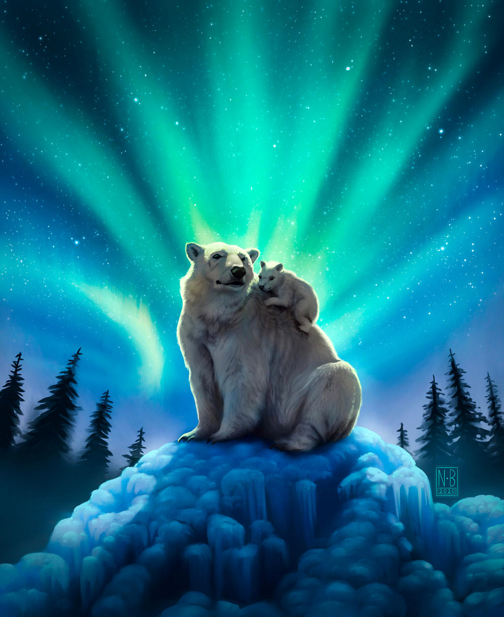 Фото Белая медведица с медвежонком на ней на фоне северного сияния, by NicoleBArt