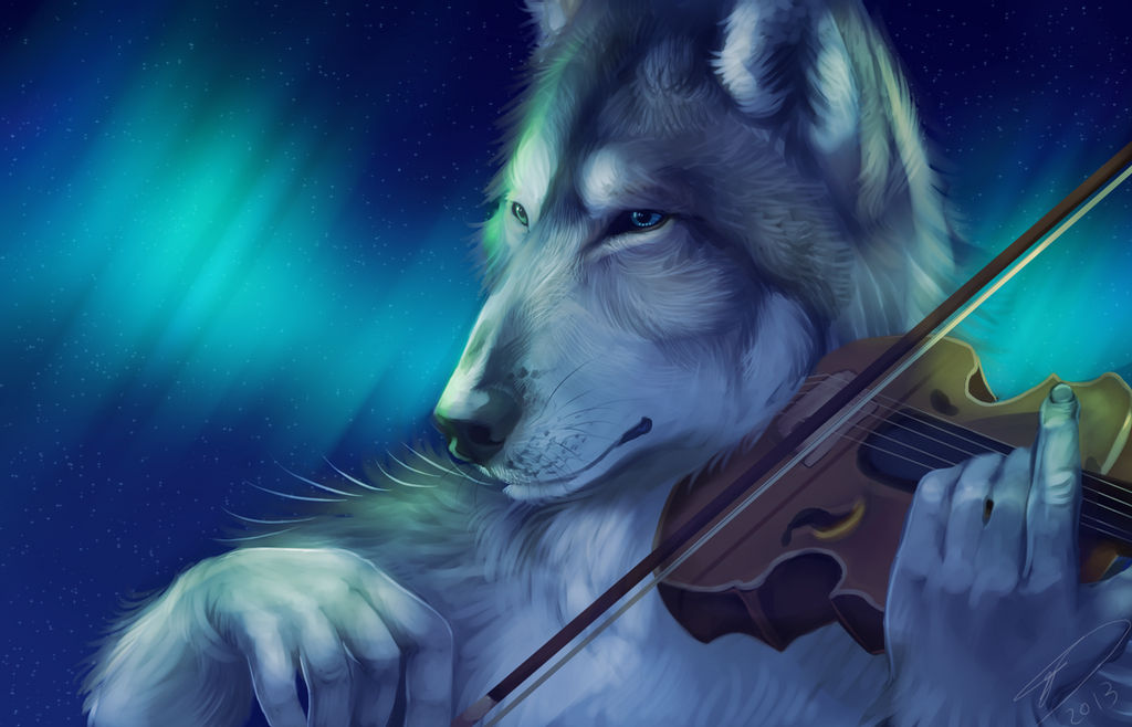 Фото Волк с разными глазами держит скрипку на фоне ночного неба, by imalou