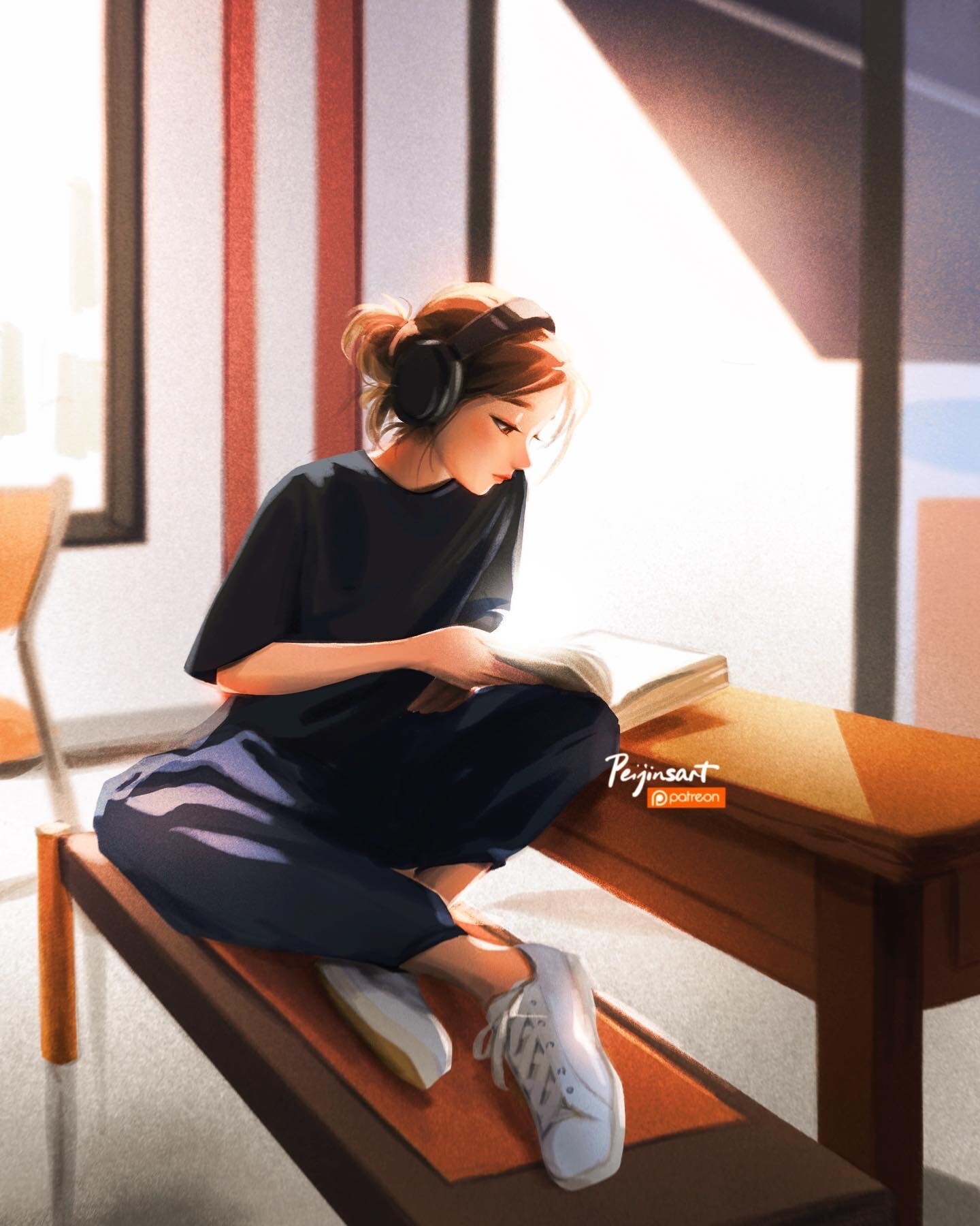 Фото Девочка с наушниками читает книгу, сидя за столом, by Peijin Yang