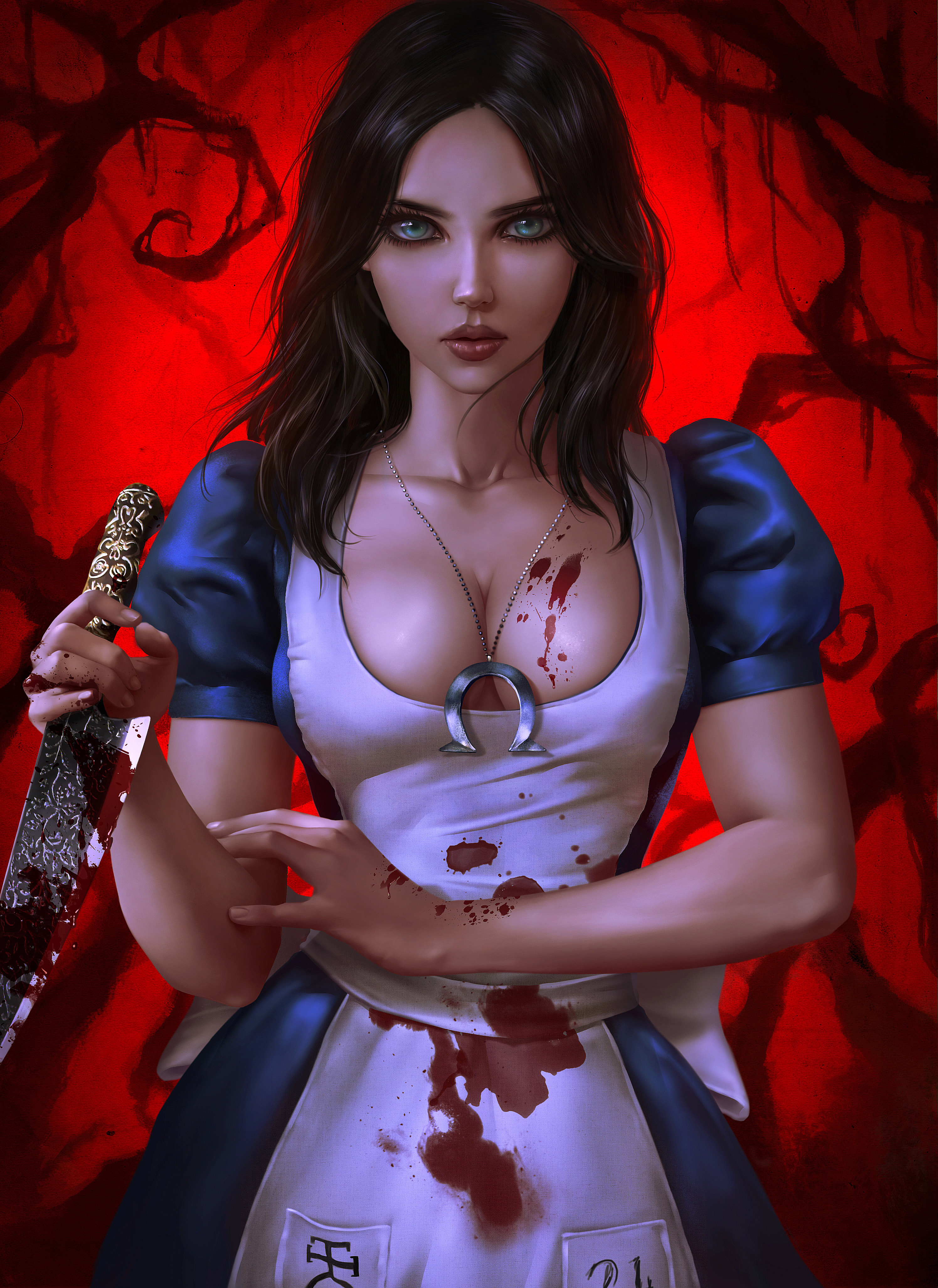Фото Alice / Алиса слегка испачканная кровью стоит с ножом в руке, главная героиня из игры Alice: Madness Returns / Алиса: безумие возвращается, art by Logan Cure