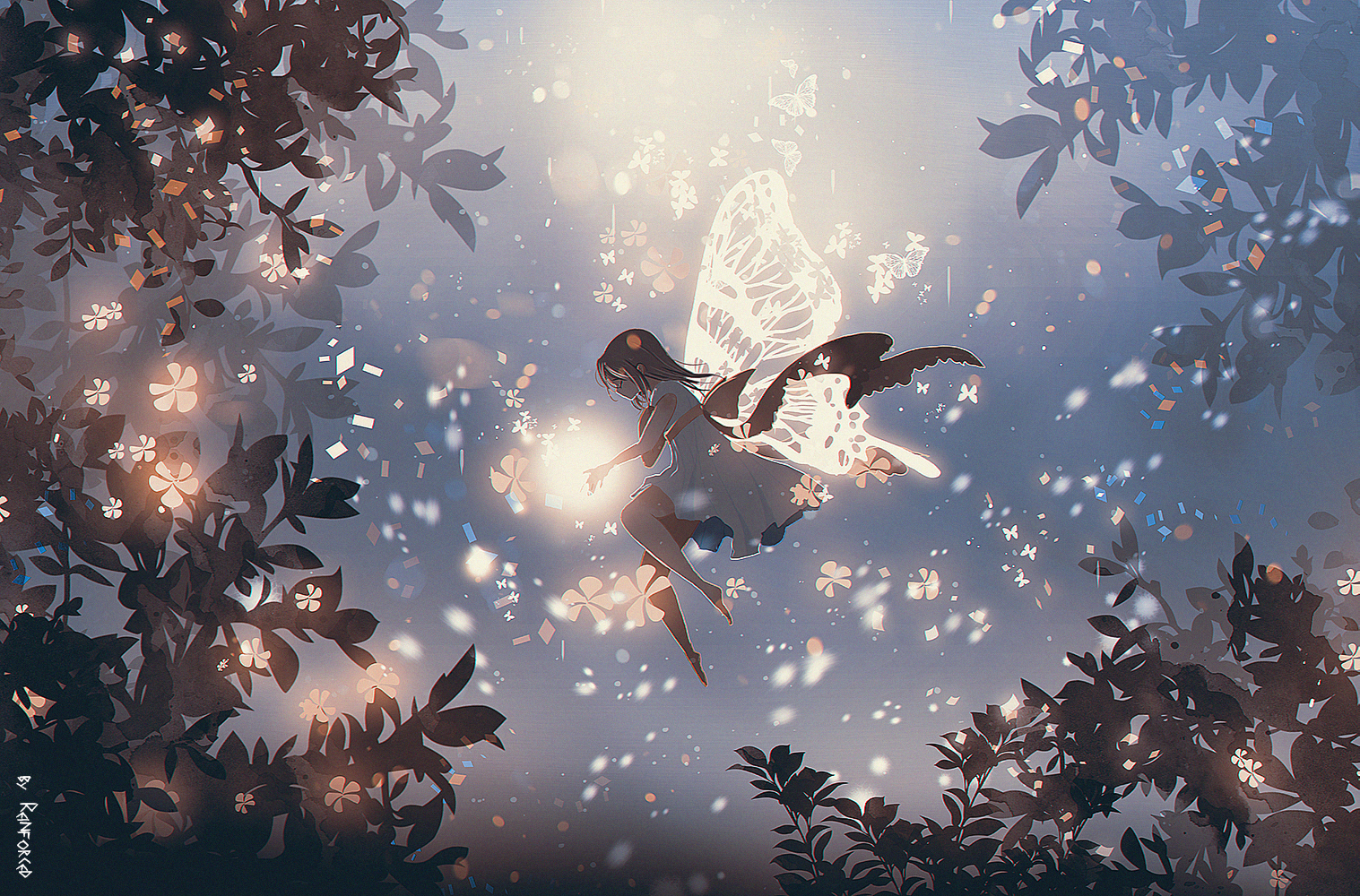 Фото Девочка с крыльями бабочки со свечением в руках парит в воздухе, by reinforced