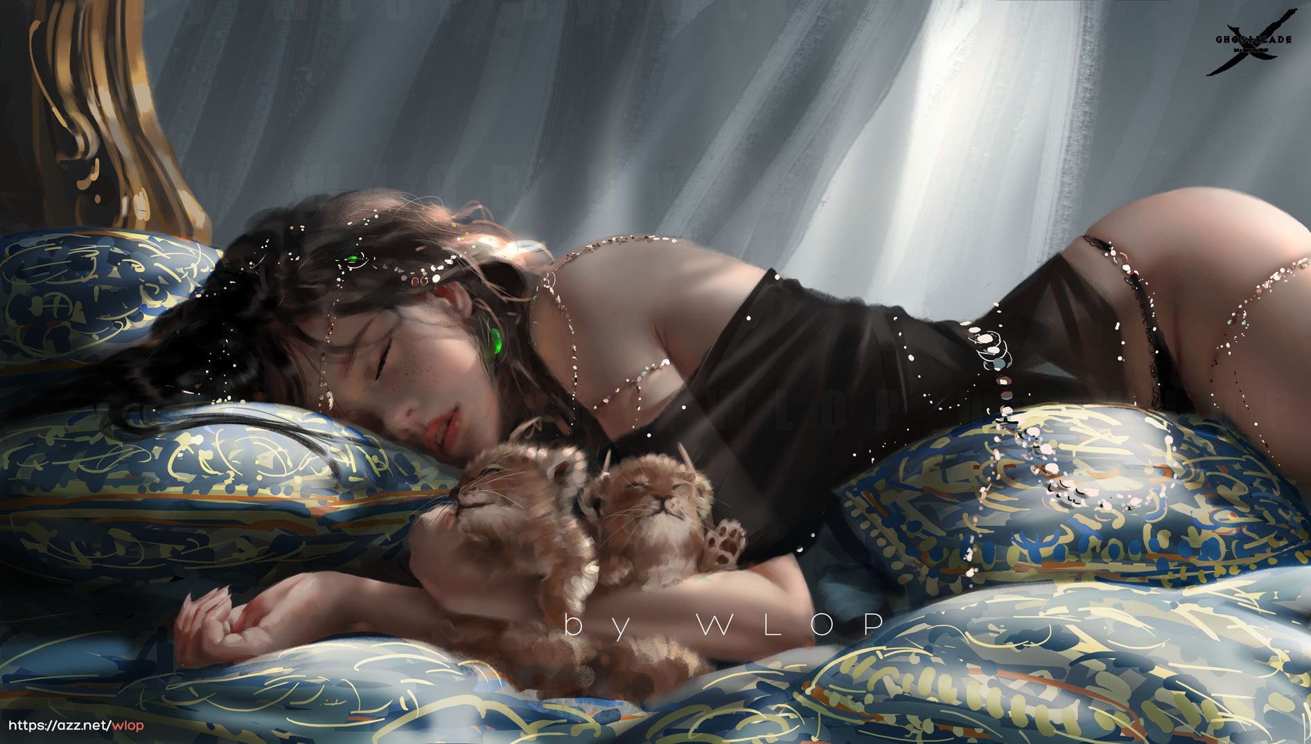 Фото Спящая девушка лежит со львятами, by WLOP