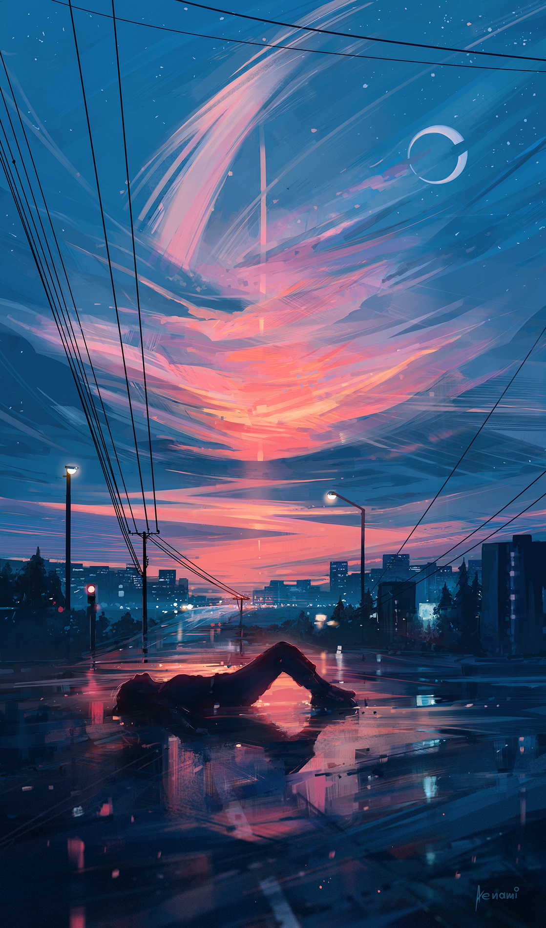 Фото Девушка лежит на мокрой дороге освещенная закатными лучами солнца, digital art by Alena Aenami