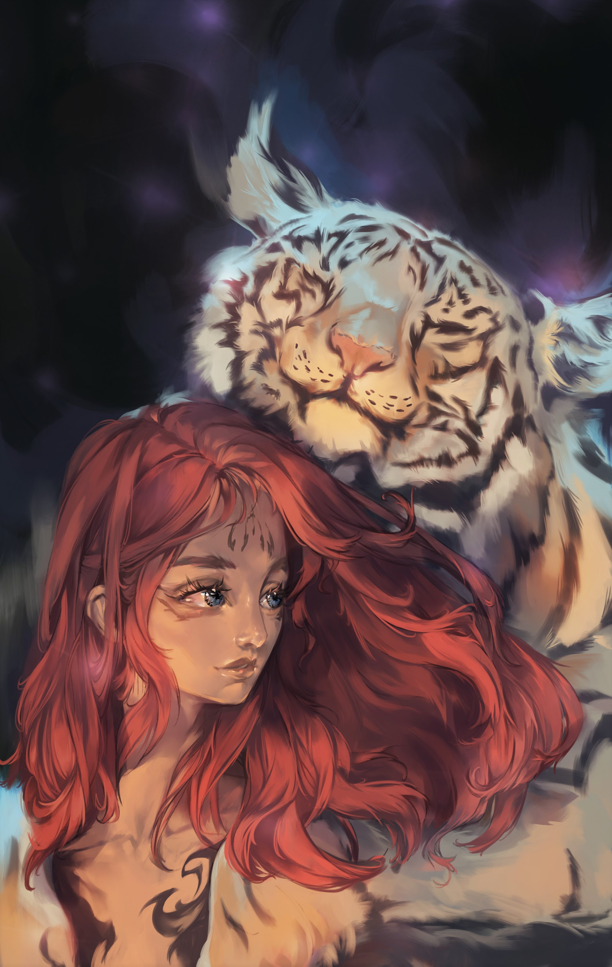 Фото Тигр и рыжеволосая девушка рядом, иллюстратор Yufei Phoebe Zhong