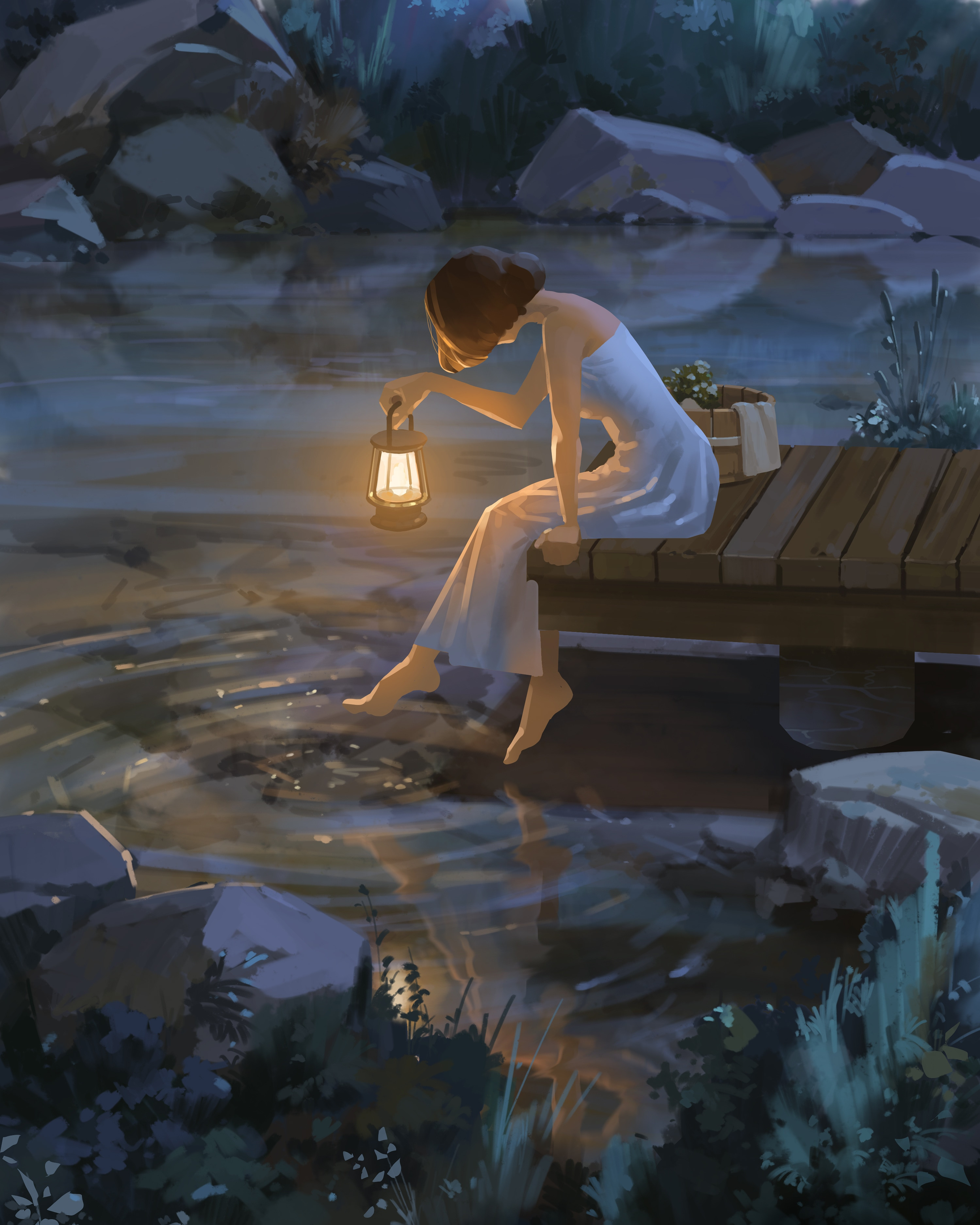 Фото Девушка с фонарем в руке сидит на деревянном помосте у водоема, by Sin jong hun
