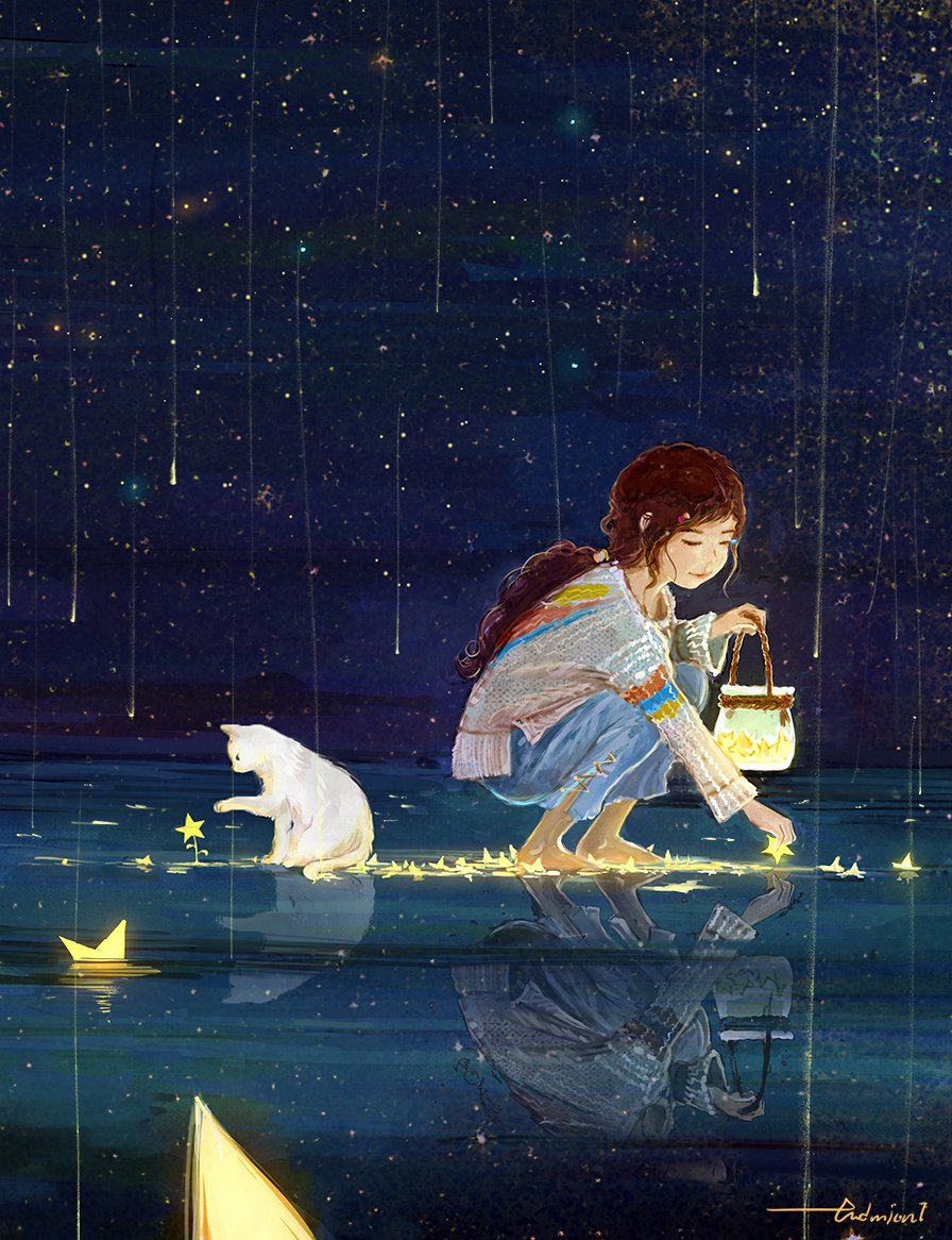 Фото Девочка присела рядом с кошкой и собирает звезды, by endmion5