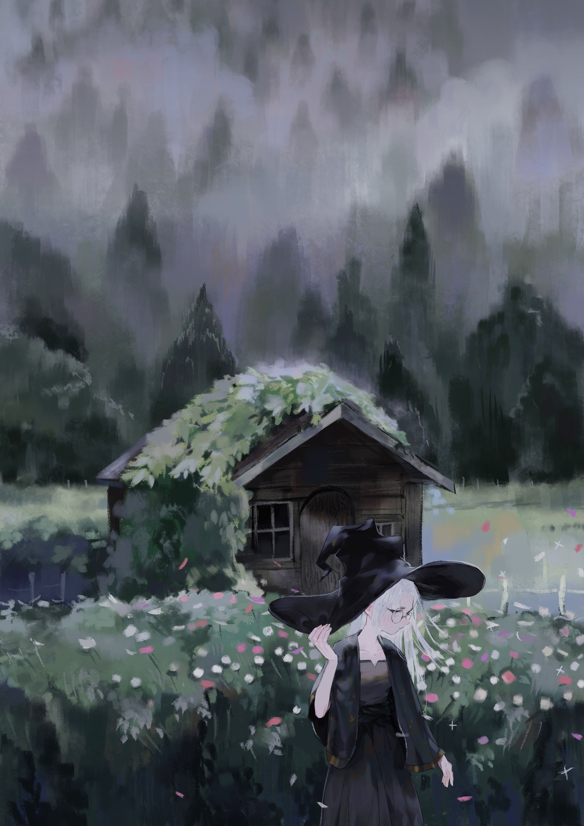 Фото Ведьма стоит среди цветов, позади нее маленький домик