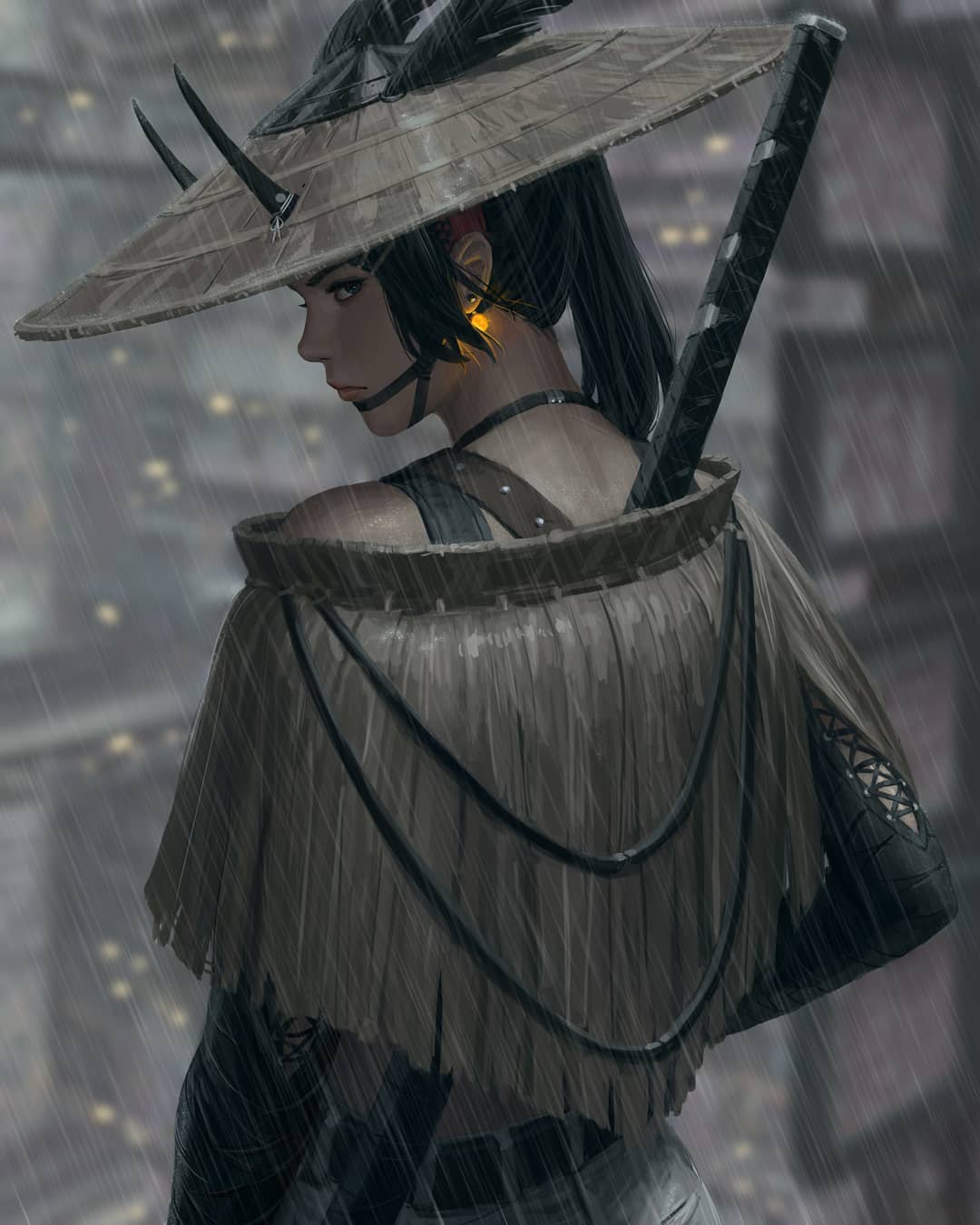 Фото Девушка - самурай в шляпе со светящейся серьгой в ухе, с катаной за спиной, by GUWEIZ