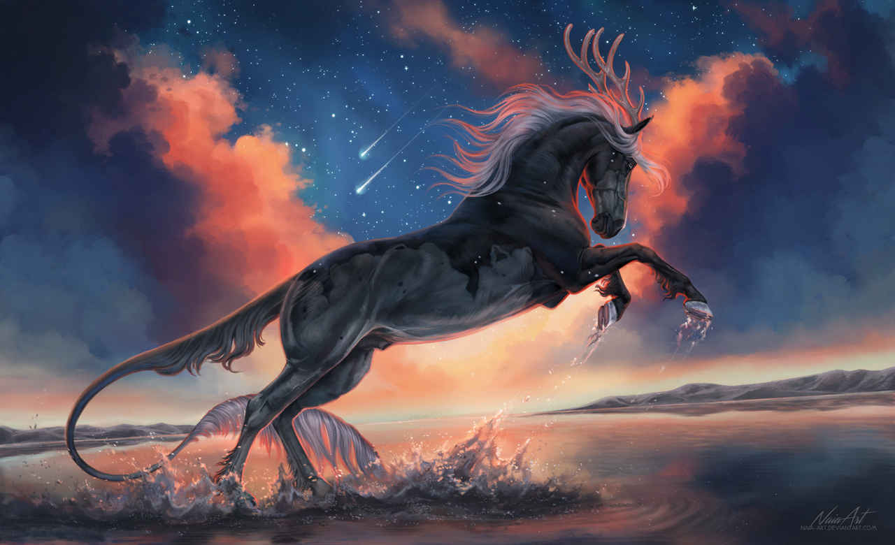 Фото Лошадь стоит на дыбах в воде на фоне облачного неба, by Naia-Art